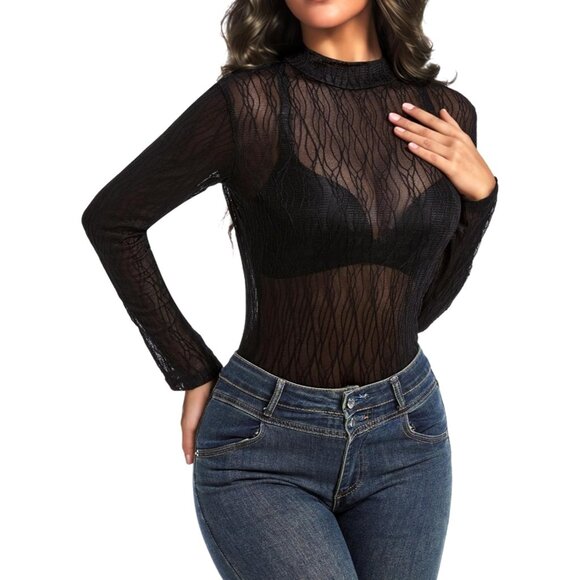 🆕 Women Black Long Sleeve Mesh Top Lace Mock Neck See Through Fitted Sexy Out - Picture 1 of 7